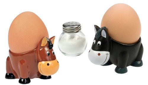 Lustige Pferde Eierbecher aus Kunststein 2er Set. Ideal als Geschenk für das lustige Frühstück mit Partner oder in Familie. Spaß am Frühstückstisch