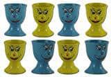 8er SET Eierbecher Gelb Blau Keramik Eierhalter Eier Becher Funny Face Gesicht Smiley Ei